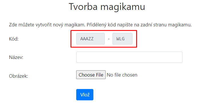 Ukázka formuláře, který vám říká jaký kód použít.